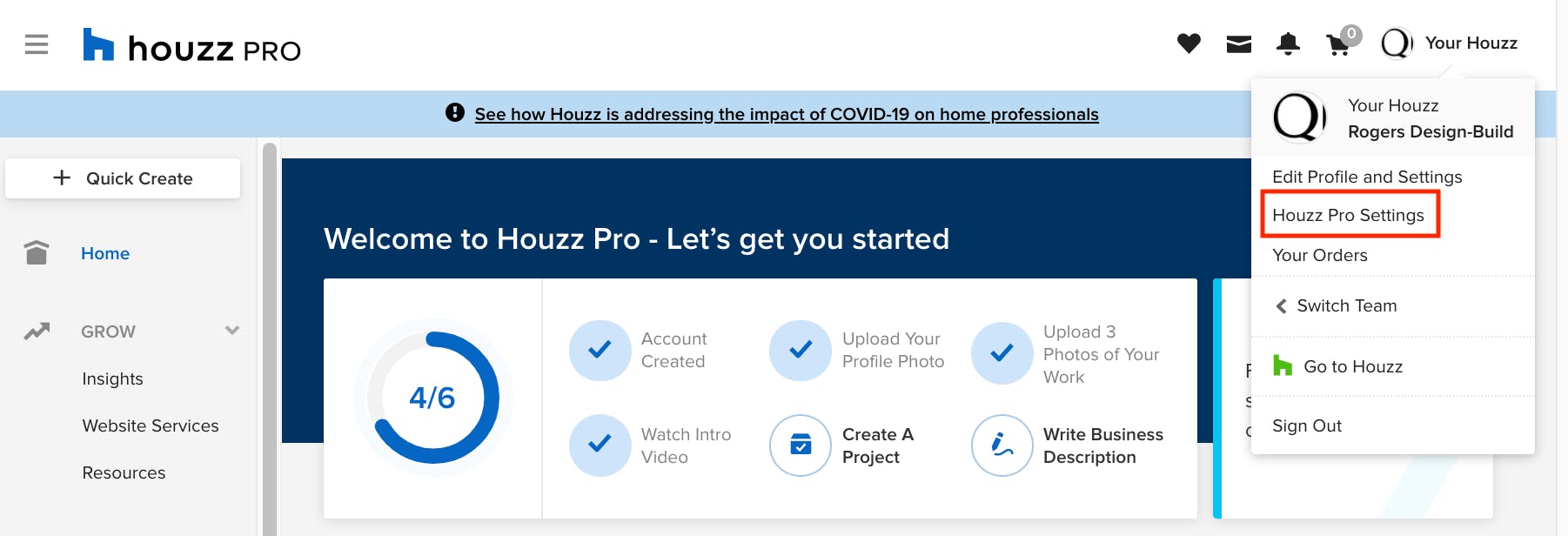 Houzz Pro settings 