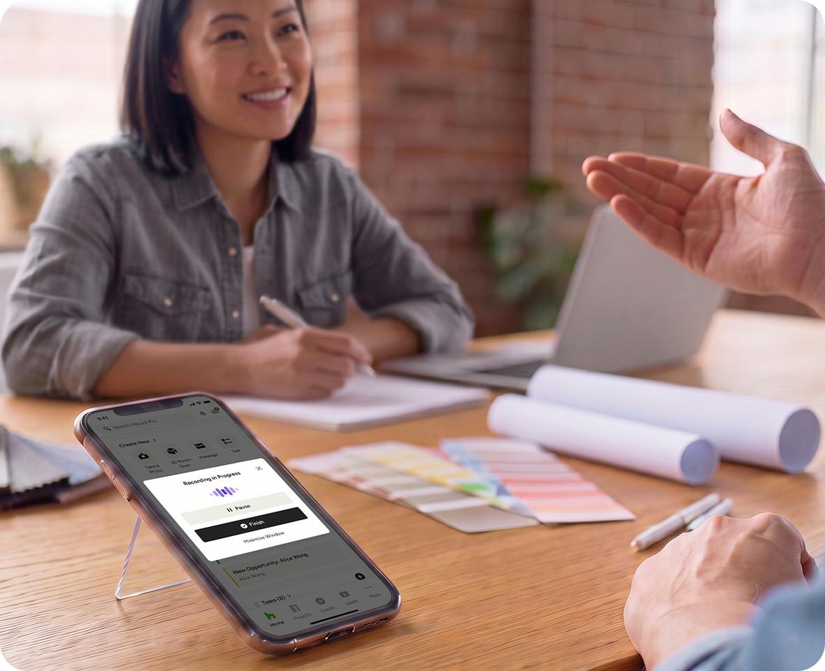 Record client calls and on-site meetings directly through the Houzz Pro app