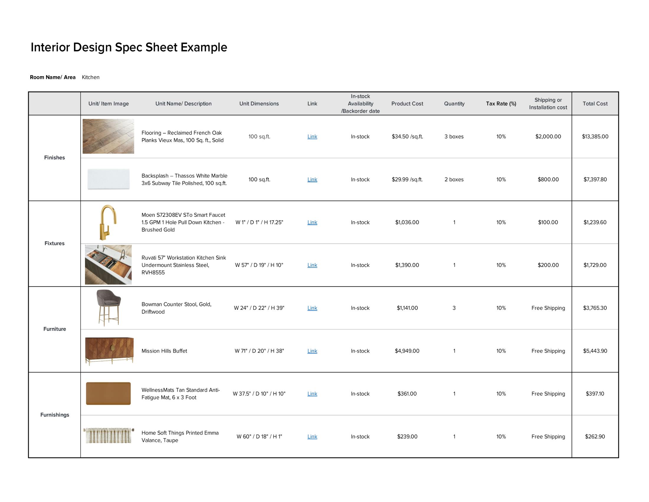 Free interior design spec sheet template FF&E (furniture, fixtures and equipment template)
