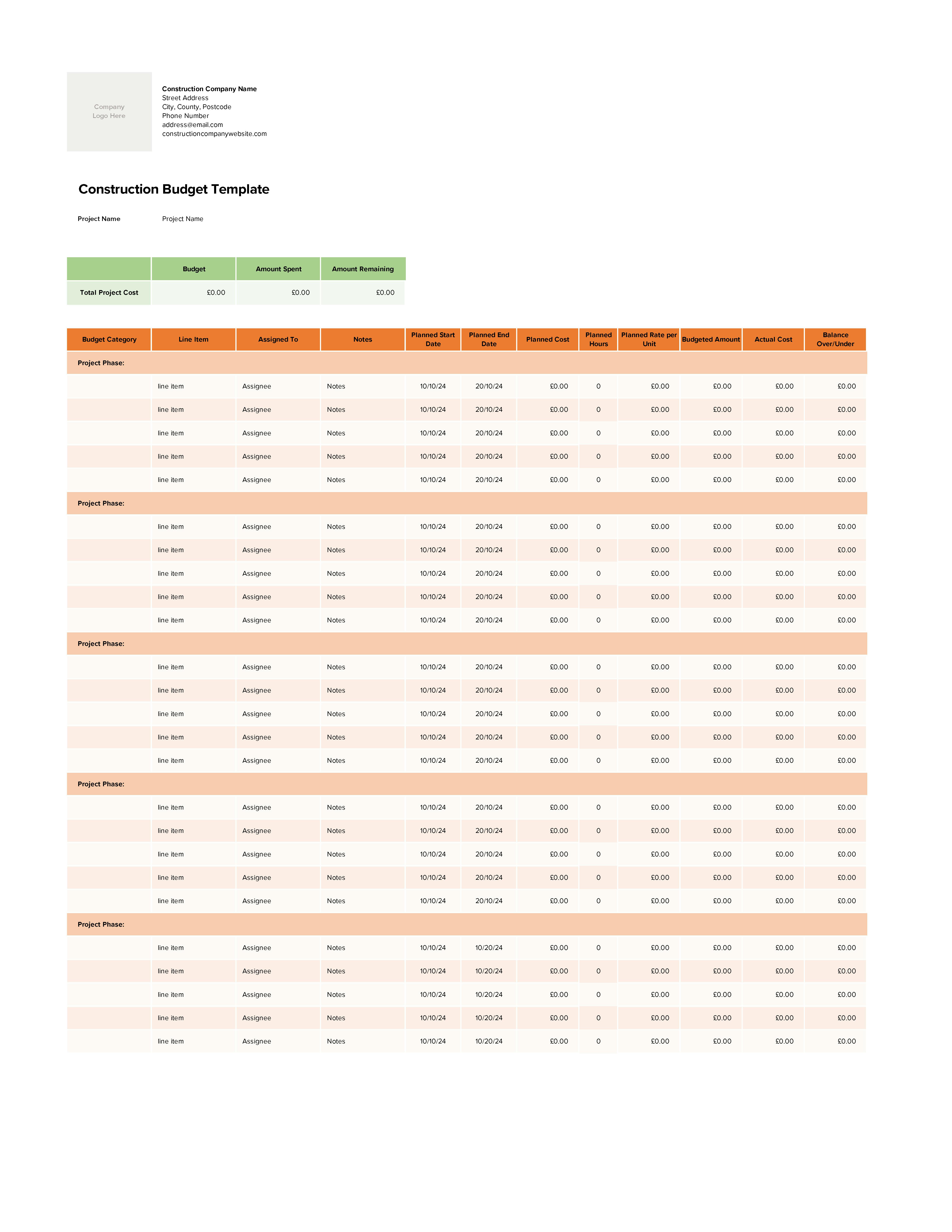 Construction Budget Example for UK