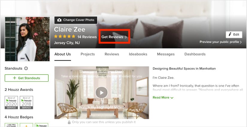 Pros request reviews from their Houzz profile. They will email their past clients to get reviews.