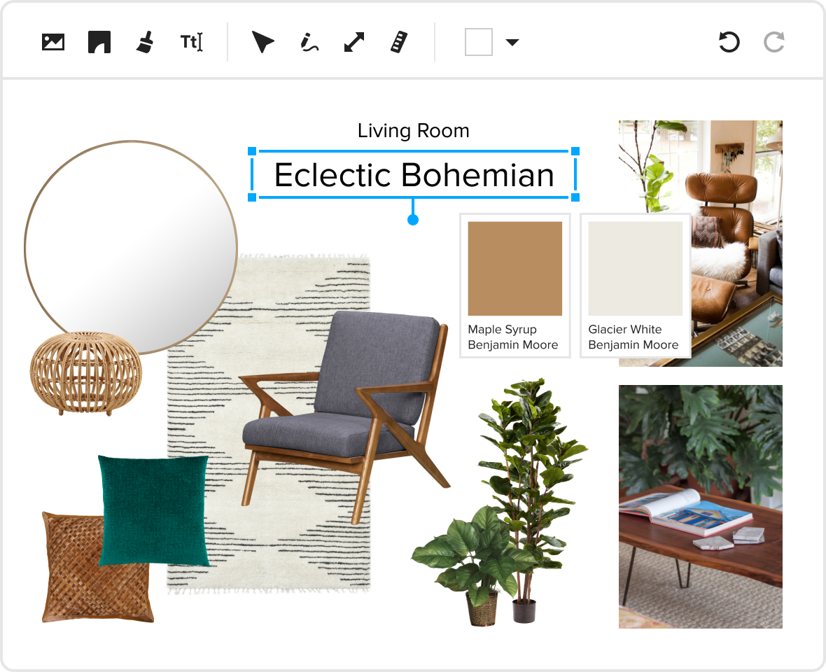 A Houzz Pro Mood Board for an "Eclectic Bohemian" style living room.