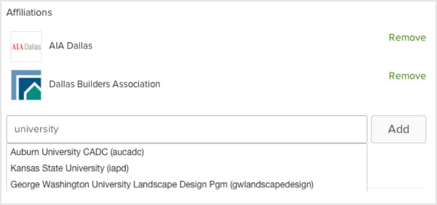 Pros can add their affiliations to their Houzz profile.